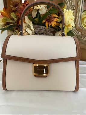 kate spade Cream and Brown Leather Top-Handle Satchel with Gold Hardware